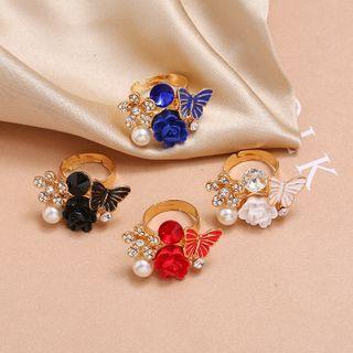 Rhinestone Faux Pearl Butterfly Ring