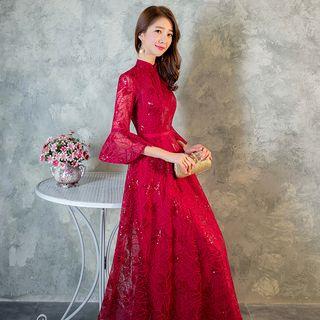 Lace 3/4 Sleeve Evening Gown