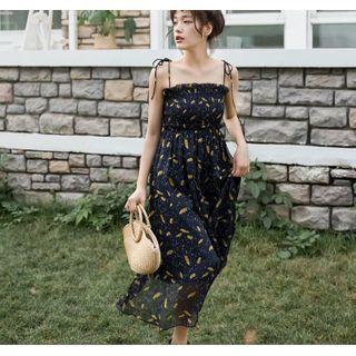 Leaf Print Spaghetti-strap Maxi A-line Chiffon Dress