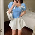 Short-sleeve Bow Button-up Knit Top