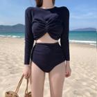 Set: Long-sleeve Knotted Swim Top + High-waist Bottom