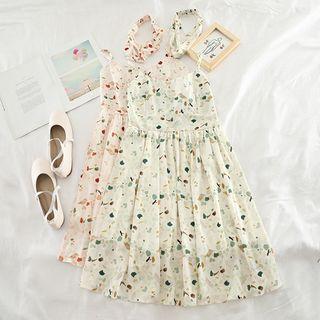 Set: Spaghetti Strap Patterned A-line Midi Dress + Headband