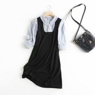 Mock Two-piece Elbow-sleeve Collared A-line Dress