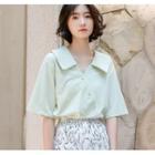 V-neck Collared Elbow-sleeve Chiffon Blouse Green - One Size