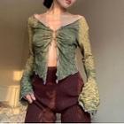 Long-sleeve Front-slit Cropped T-shirt