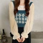 Argyle Cropped Sweater Vest / Lace Blouse
