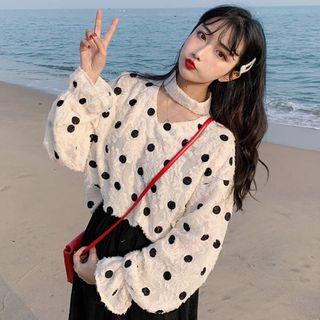 Long-sleeve Stand Collar Dotted Top As Shown In Figure - One Size