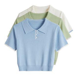 Short Sleeve Contrast Trim Polo Knit Top