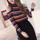 Rainbow Striped Off-shoulder Long-sleeve Knit Top