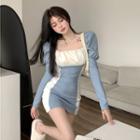 Long-sleeve Two-tone Mini Sheath Dress Blue - One Size