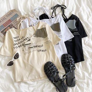 Short-sleeve Halter V-neck Lettering T-shirt