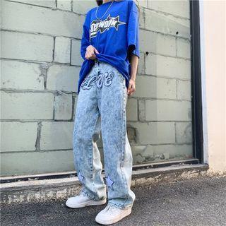 Lettering Embroidered Washed Baggy Jeans
