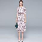 Elbow-sleeve Floral Print Lace A-line Midi Dress