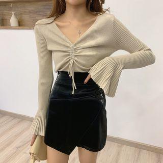 Drawstring Bell-sleeve Knit Top / Asymmetric A-line Mini Skirt