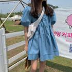 Balloon-sleeve Shirred A-line Denim Dress Blue - One Size