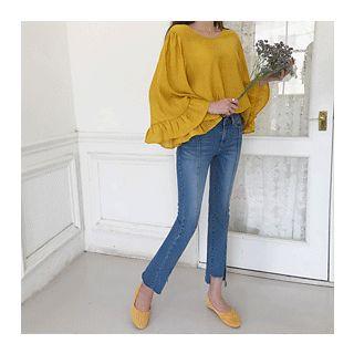 Ruffle-cuff Key Hole-back Top
