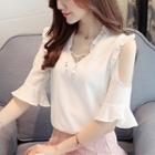 Frill Trim Bow Accent Elbow Sleeve Blouse