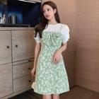 Set: Puff-sleeve Blouse + Flower Print Mini Overall Dress
