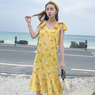 V-neck Flower Print Sleeveless A-line Dress