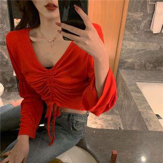 Drawstring Flared-sleeve Crop Top