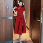 Short-sleeve Faux Pearl Cutout Midi A-line Qipao Dress