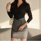 V-neck Twisted Shirt / Asymmetric Mini Pencil Skirt