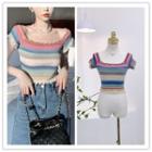 Short-sleeve Square-neck Striped Knit Top / Washed Denim Midi Skirt