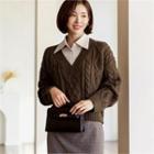 V-neck Cable Knit Sweater Brown - One Size