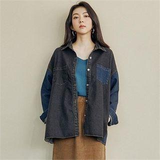 Slit-back Color-block Denim Jacket Black - One Size