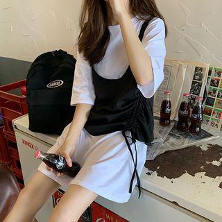 Plain Elbow-sleeve Tunic T-shirt / Drawstring Pinafore Top