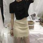 Fringed Knit Mini Skirt