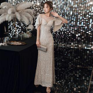 Mesh Panel Bell Sleeve Sequined Mermaid Evening Gown