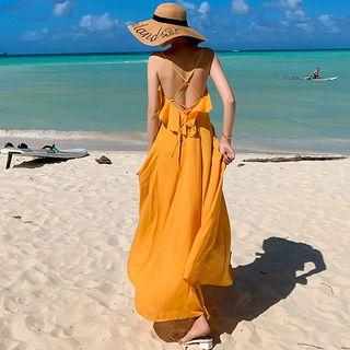 Spaghetti Strap Open Back Frill Trim A-line Maxi Dress