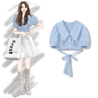 Puff-sleeve Bow-back Blouse Blue - One Size