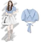 Puff-sleeve Bow-back Blouse Blue - One Size