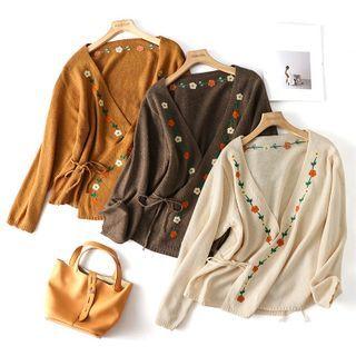 Floral Embroidered Tie-waist Cardigan
