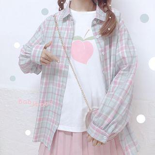 Peach Print Short-sleeve T-shirt / Plaid Shirt