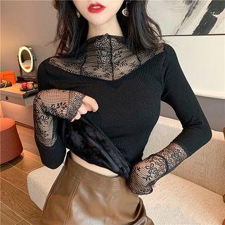 Long-sleeve Mesh Panel Top Black - One Size