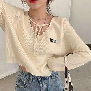 Long-sleeve Lettering Tie-front Knit Top