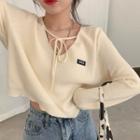 Long-sleeve Lettering Tie-front Knit Top