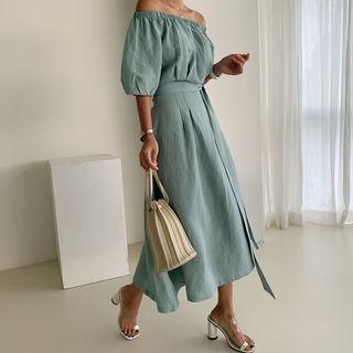 Off-shoulder Linen Blend Maxi Dress Mint Green - One Size