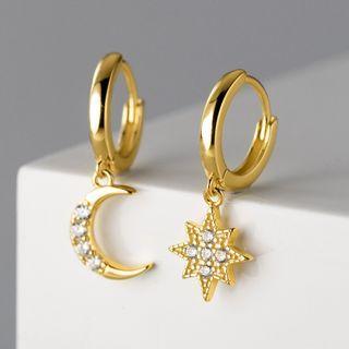 Asymmetrical Rhinestone Star & Moon Drop Earring