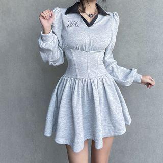 Puff-sleeve Letter Embroidered A-line Dress
