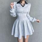 Puff-sleeve Letter Embroidered A-line Dress