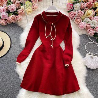 Plain Long-sleeve Knitted A-line Dress