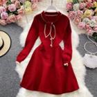 Plain Long-sleeve Knitted A-line Dress