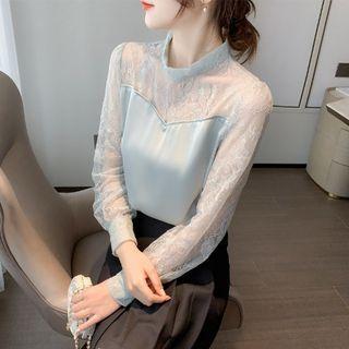 Long-sleeve Mock Neck Lace-panel Blouse