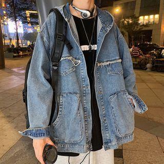 Fringed Trim Hooded Denim Button Jacket