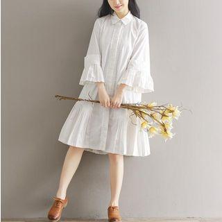 Pleated Trim 3/4 Sleeve Shirtdress