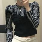 Long-sleeve Mock Two-piece Striped T-shirt Black - One Size